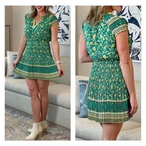 Current Air Women's Large Green & Yellow Floral Pleated Smocked Damara Dress